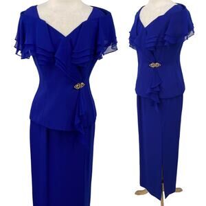 Vintage Alex Evenings Skirt Set Chiffon Surplice Blouse & Maxi Blue Womens 6
